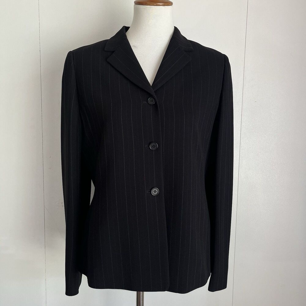 Petite Sophisticate Pinstripe Blazer 10 Black White Lined 3-Button Suit Jacket